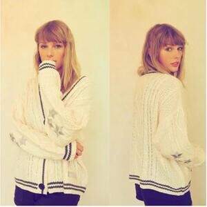 Taylor Swift Folklore Album Long Sleeve V-Neck Knit Cardigan Sweater Cream